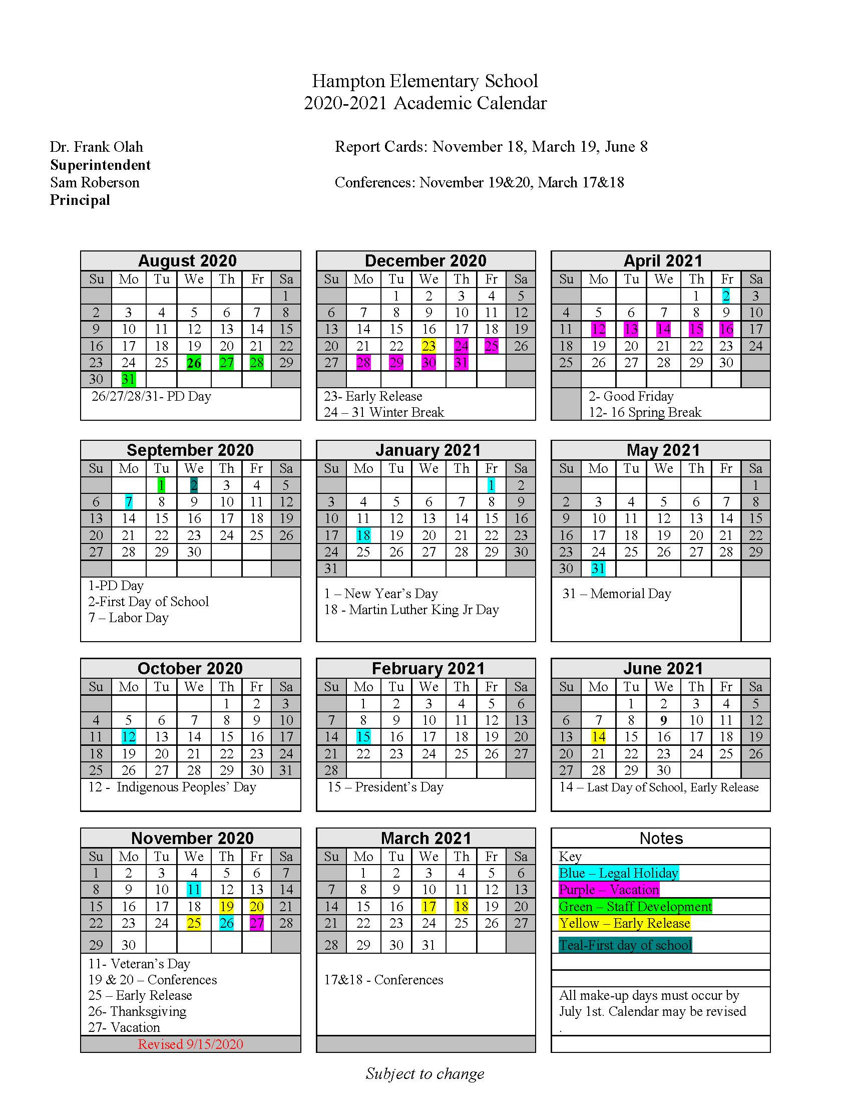 Calendar Hampton Elementary School